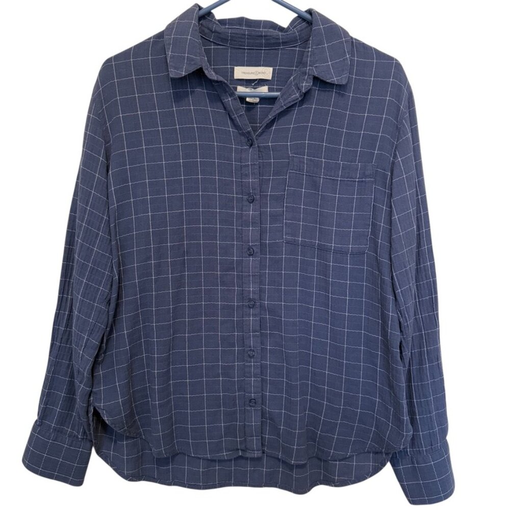 Treasure & Bond Boyfriend Button Up Shirt Size S Navy Plaid Lightweight Relaxed